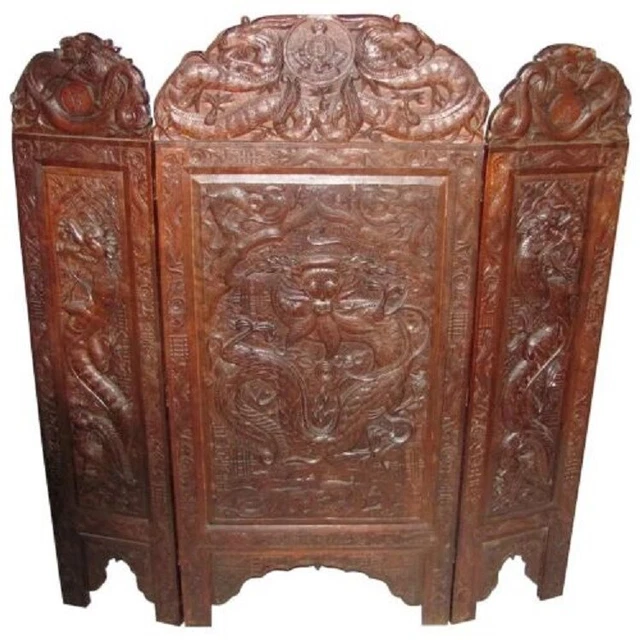Antique Anglo-Indian Carved Dragon Screen Circa 1920