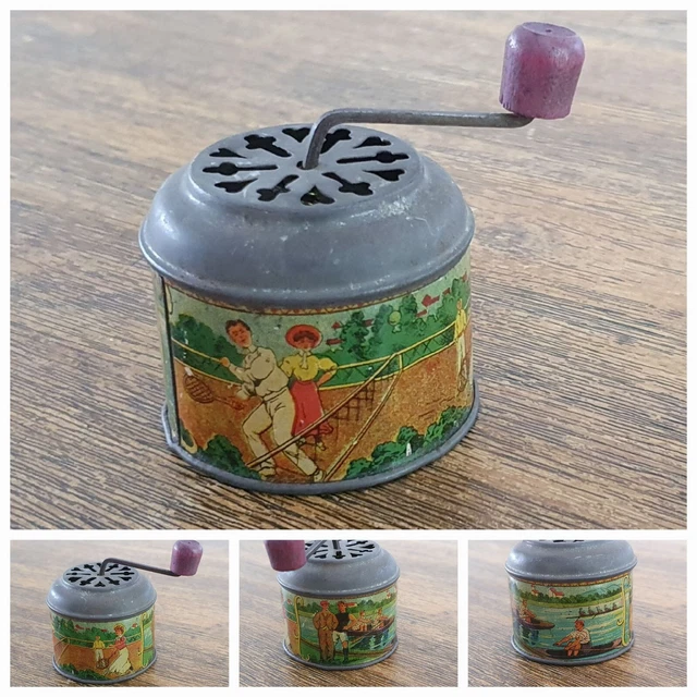 Ancien jouet en tôle boîte moulin musical Sports Tennis Aviron France vers 1900