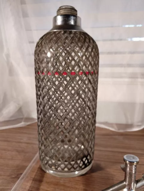 Antique  Sparklets Seltzer Bottle London England Glass Metal Mesh Wrapped