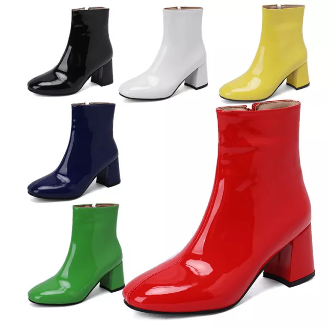 Full Size Patent Leather Party Bootie Womens Block Heel Zipper Ankle Boots Shoes