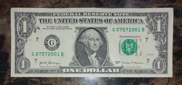 US Currency Rare Fancy $1 Dollar Bill Ink Smear Over Inking 07572001