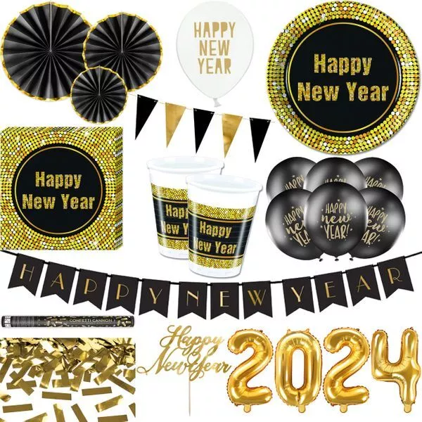 Silvester Deko 2024 Party Set Dekoration schwarz gold Happy New Year Neujahr