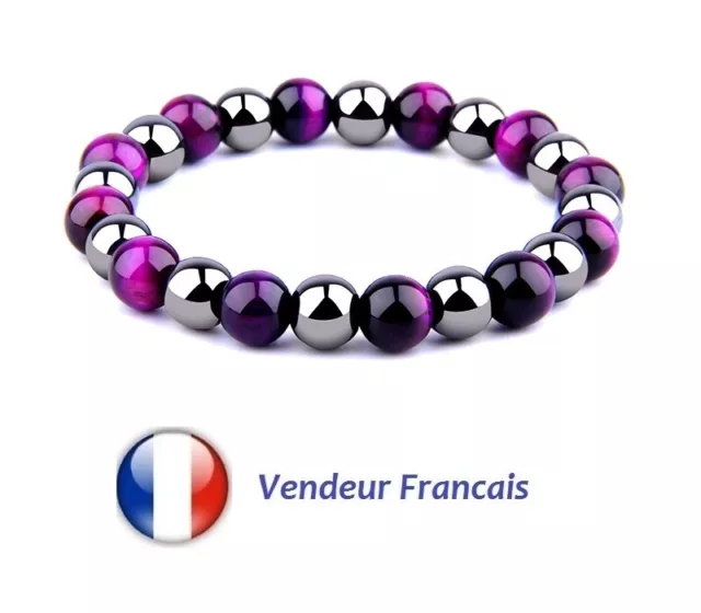 bracelet pierre semi precieuse En Perle D'Oeil Tigre 8mm Couleur Violet