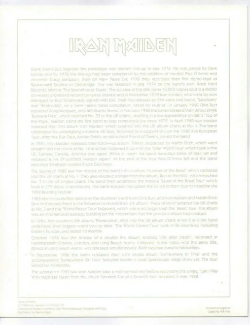 IRON MAIDEN REFLEX LARGE POSTCARD 10" x 8" PIECE OF MIND 1983 2