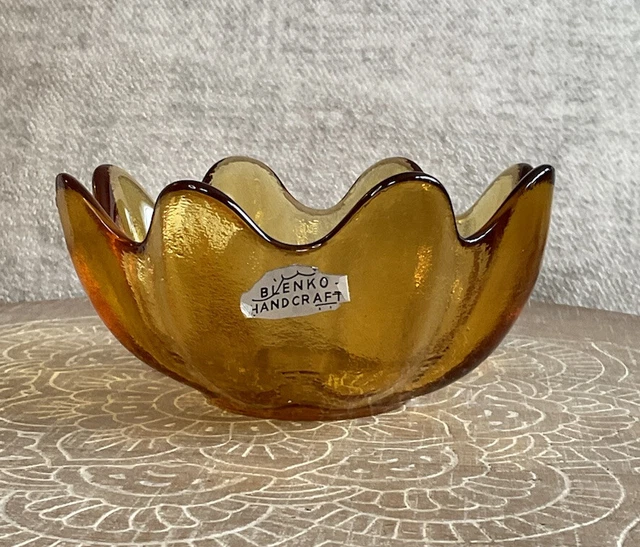 VINTAGE BLENKO AMBER Lotus Bowl, Small Salad Bowl, Yellow Glass Sticker