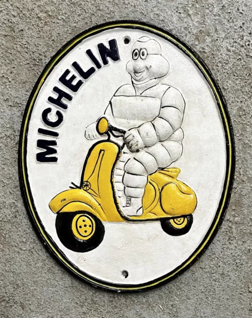 Michelin Man Bibendum on Scooter, London 1952, Cast Iron Sign, 10.75” x 8.75”