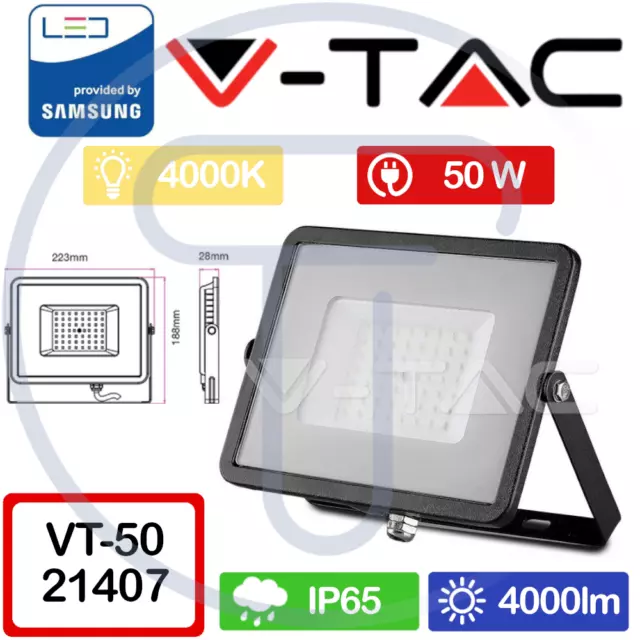 V-TAC PRO VT-50 407 Proyector LED de chip Samsung 50W Color Negro 4000K IP65