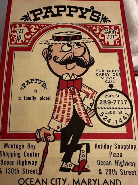 Vintage 1976 Pappy’s Paper Menu Ocean City Maryland Very Rare