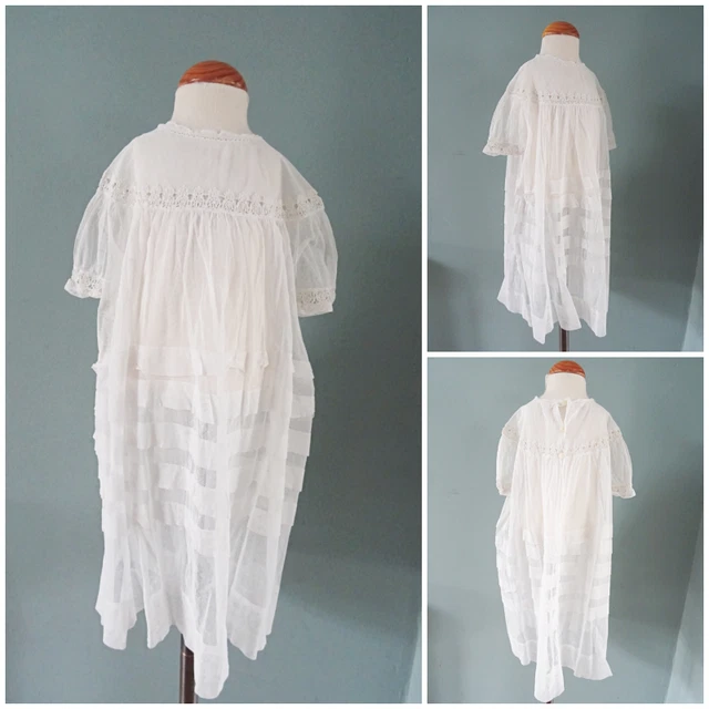 Abito Antico Bambino Vittoriano Bianco Rete Uncinetto Pizzo Edoardiano c1900
