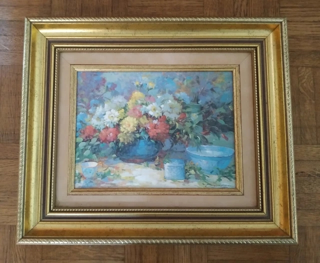 TABLEAU HUILE SUR Toile Bouquet de fleurs sous cadre. EUR 35,00 ...