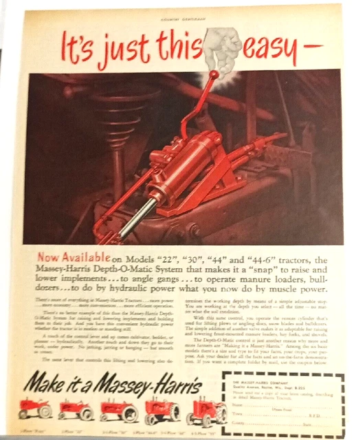 Vintage Massey-Harris Tractor Advertisement "It's Just This Easy" Depth-O-Matic