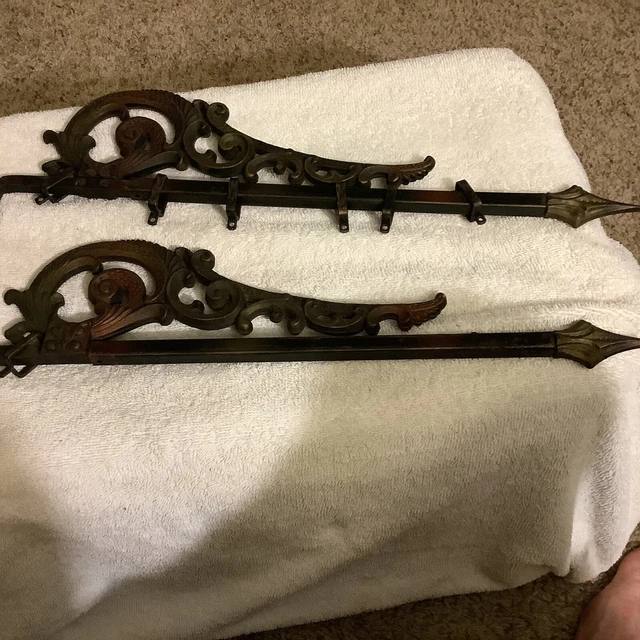 2 Vintage Victorian Swing Arm Curtain Rods Cast Iron Tip 1920s Art Deco