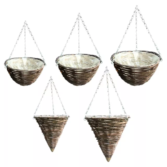 Rattan 11" - 16" Natural Wicker Hanging Basket Round Cone Plastic Lined