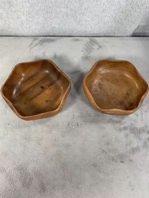 Vintage Flower Shaped Carved Wooden serving Bowls, Set Of 2