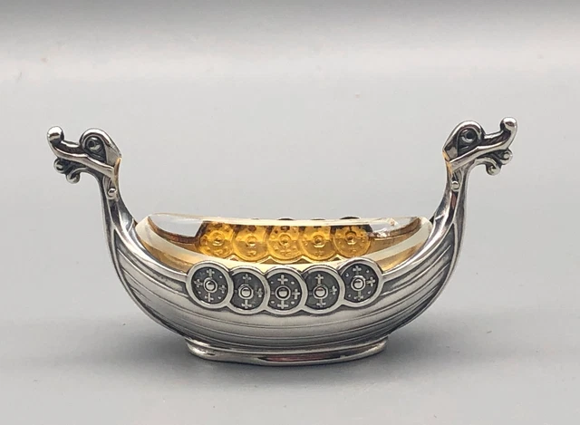 Vintage Norway Sterling Silver Theodore Olsen Viking Ship Salt Cellar w/Liner