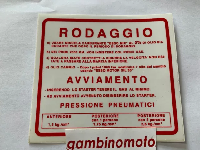 Adesivo Rodaggio Rosso Vespa 180 200 Rally 125 150 Sprint Super Gt Gtr