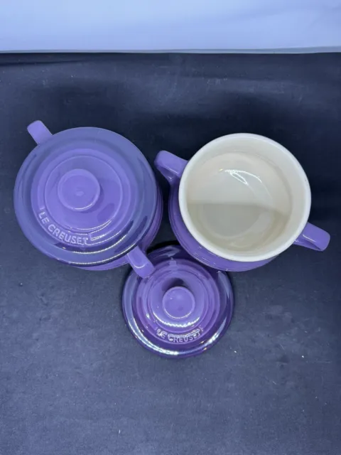 2  Le Creuset Stoneware 16oz Mini Bean Pots Soup Crocks w/ Lid Purple