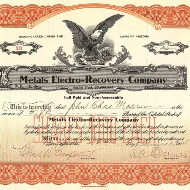 1914 Metals Electro-Recovery Co. Stock Certificate Arizona 50 Shares Eagle VTG
