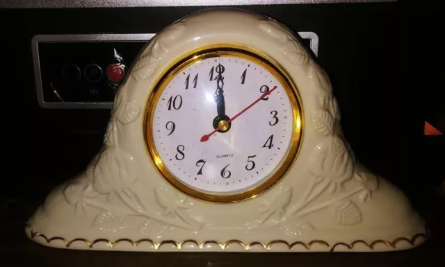 Shelf Mantle Desk Clock Cream Porcelain Embossed Roses Gold Tone Accents Quartz