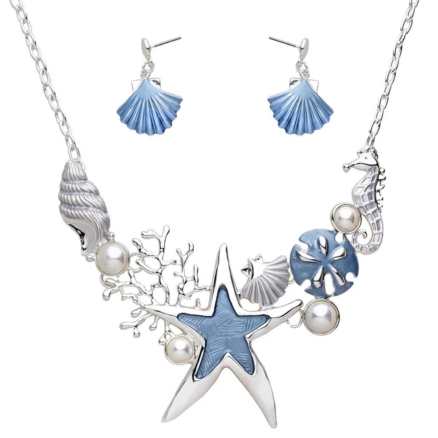 Starfish Necklace Earrings SET Pearl Sea Shell Sand Dollar SILVER BLUE Jewelry