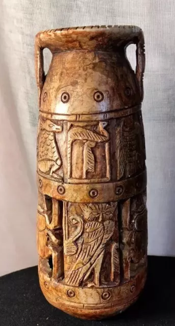 Stone Handcarved Vase 8" Tall Egyptian Scarab Beetles, Falcon,