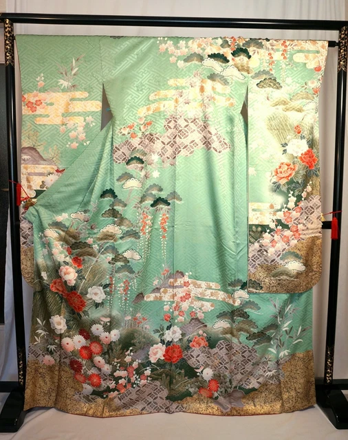 Japanese kimono SILK"FURISODE" long sleeves, Gold leaf, Plum, Plant,L5' 6".3136