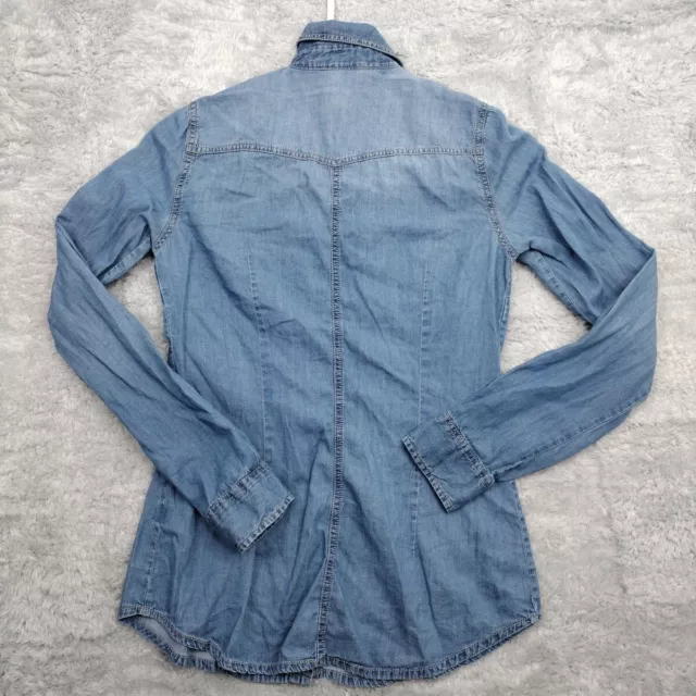 Forever21 Top Women Small Pearl Snap-Up Blue Jean Denim Shirt 2