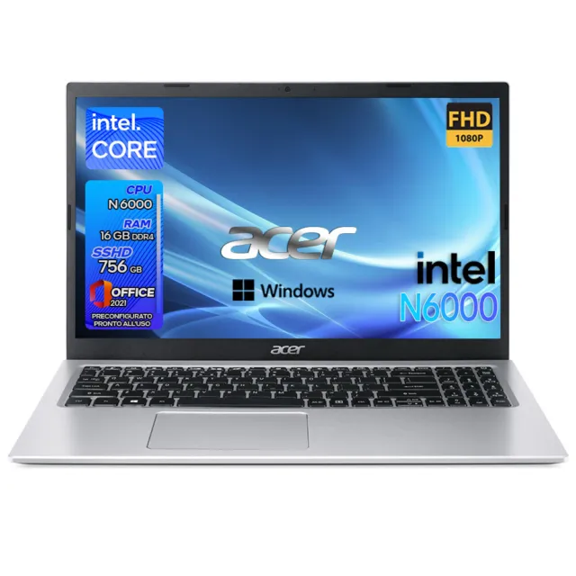 Acer Notebook, Pc portatile 15.6" Intel N6000,Ram 16Gb ,SSD 756Gb,UHD,Windows 11