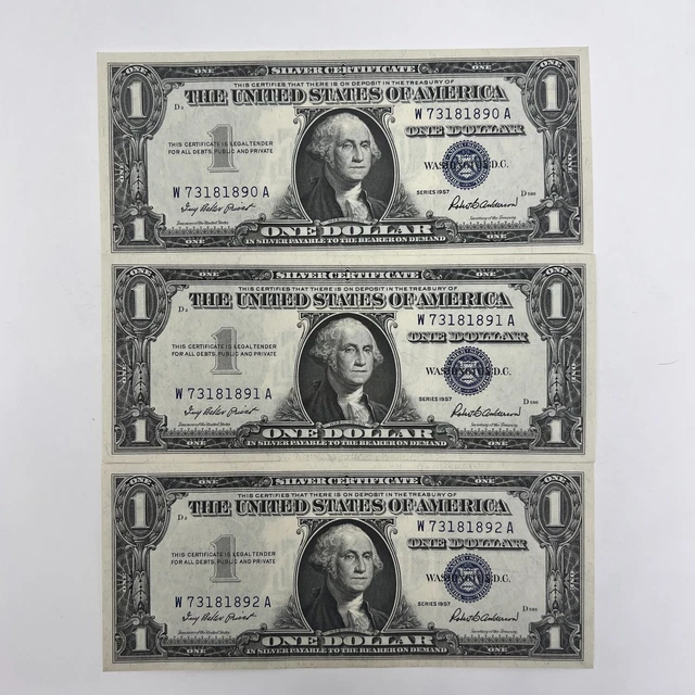 1957 Us $1 Silver Certificate (3 Consecutive Dollar Bills) Blue Seal *Gem Uncirc