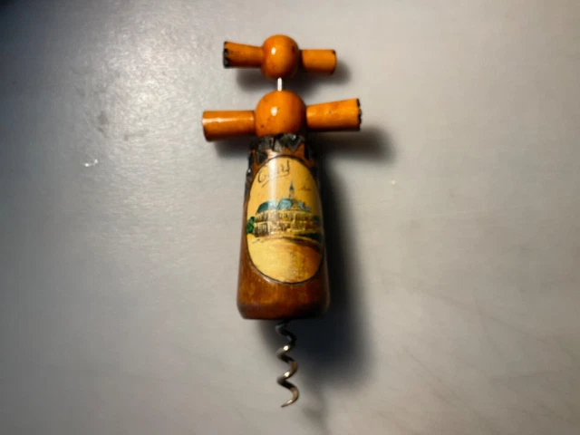 Vintage Hand Carved Corkscrew - Etched Wood 