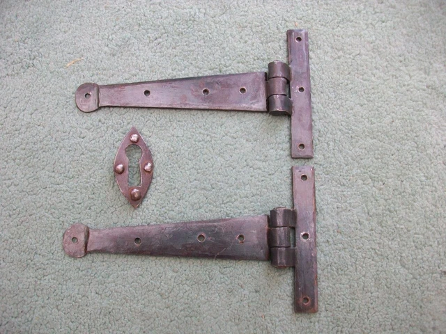 Pair Vintage ARTS & CRAFTS WROUGHT IRON DOOR STRAP HINGES & ESCUTCHEON