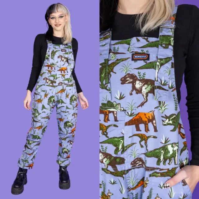 RUN AND FLY Blue Adventure Dinosaur Stretch Twill Cotton Dungarees Quirky Geek