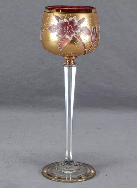 Bohemian Raised White Enamel Gold & Cranberry Hock Wine Glass Circa 1900