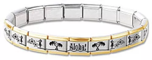 Italian Charm Bracelet Stainless Steel Gold Trim Aloha Flower Hawaiian Hula Girl