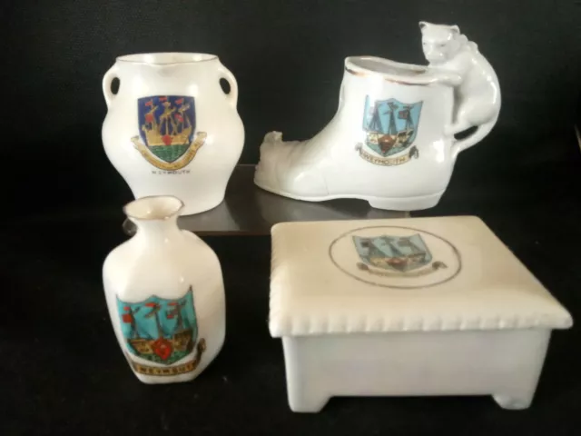 Crested China x4 all with WEYMOUTH Crests inc Cat on shoe, Hull Vase.