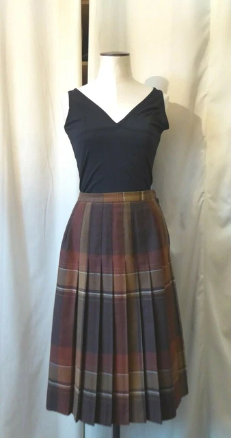 Jupe vintage MODELE EXCLUSIF plis plissé lainage carreaux tartan tons marron 38