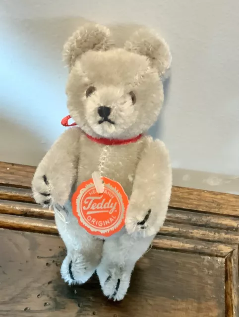 Cute Vintage Hermann Gray Mohair Jointed Teddy Bear with Hang Tag Germany