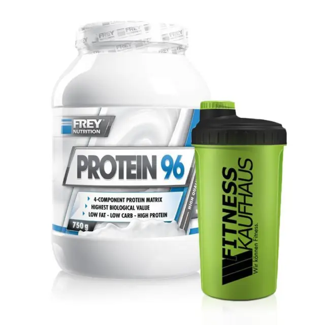 (61,20 EUR/kg) Frey Nutrition Protein 96 750g Eiweiss + Shaker Geschmack wählbar