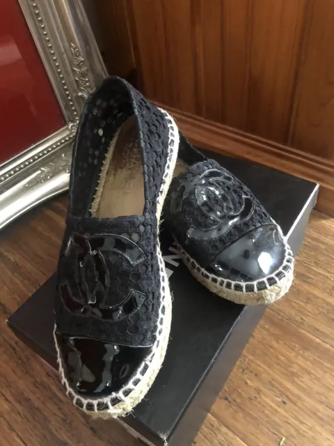 Chanel Espadrilles Black Lace Size 36 & Shoe Box.