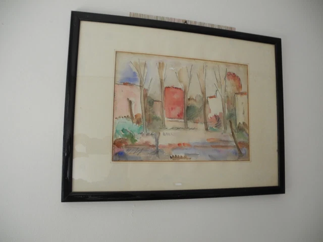 ACQUERELLO su cartoncino incollato su tela "PAESAGGIO" cm 37x28 con cornice