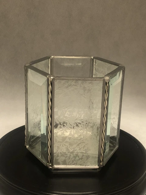 Vintage Leaded Beveled Glass Candle Holder Mirror Bottom Hexagonal Etched Panels