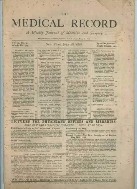 7/28 1888 New York Medical Record Journal Medicine Surgery Doctor Trade Magazine