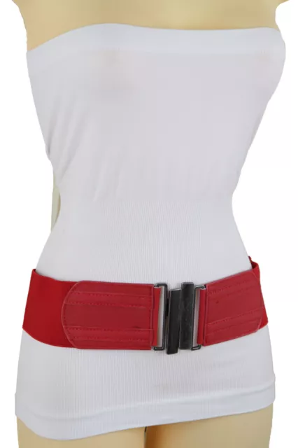WOMEN RED ELASTIC Fashion Wide Belt Silver Metal Buckle Adjustable Size ...