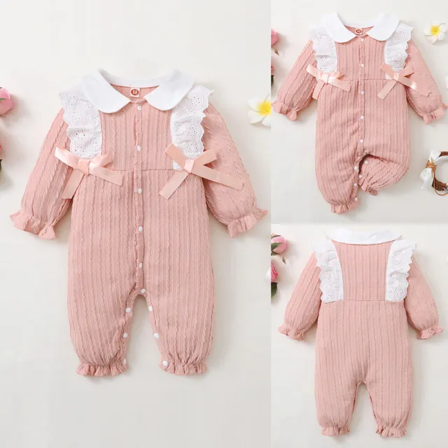 Newborn Infant Baby Girls Long Sleeve Bow Lace Plain Romper Jumpsuit Clothes UK