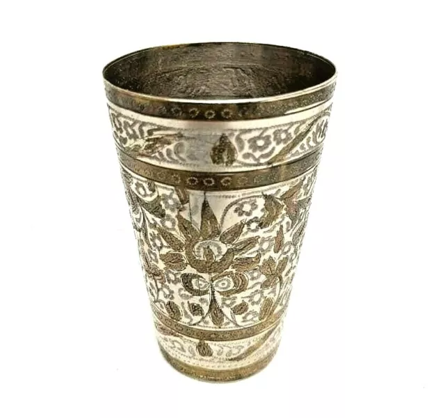 1930's Old Vintage Antique Brass Fine Floral Engraved Milk Water Glass Tumbler