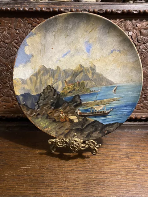 Antique Hand Painted Terracotta Plate - Continental Scene - Watcombe Pottery