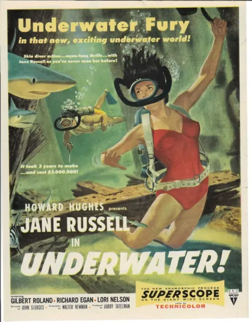 1955 UNDERWATER Jane Russell Howard Hughes Movie Lobby Card RKO Vintage Print Ad