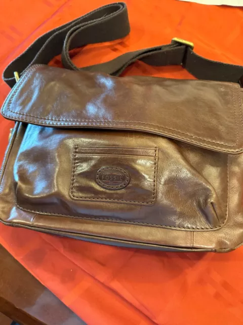 Fossil Messenger Bag in Brown Leather - multiple sections inside