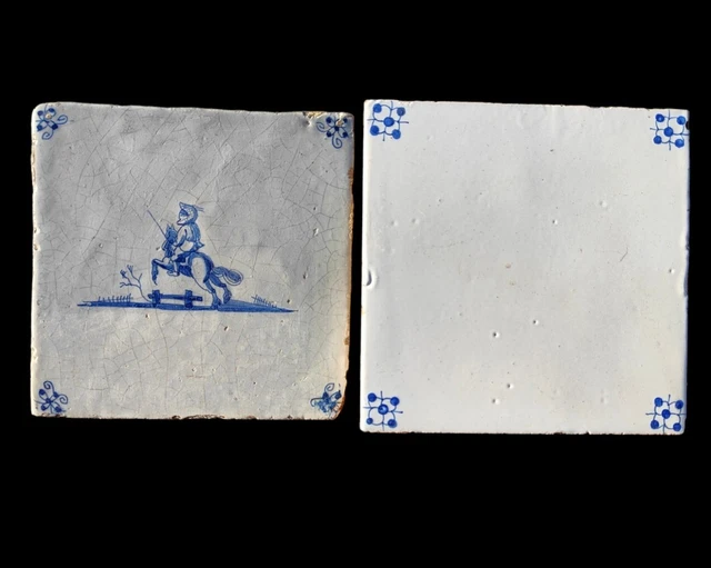 2 Antique 17th century 1600's Delft Blue White Tiles Horse rider Knight soldier