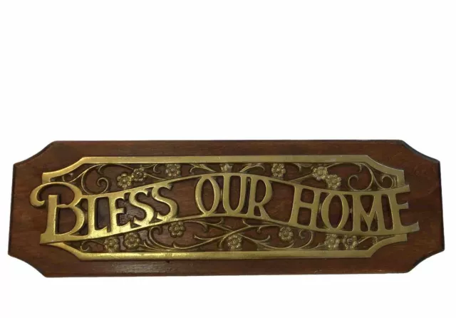 Vintage Bless Our Home Wood Plaque Wall Decor Gold Brass Letters Flowers